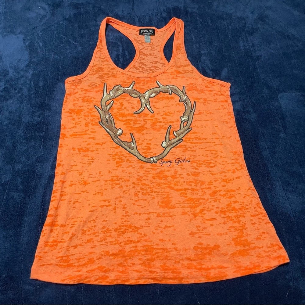 New! Large Orange Sporty Girl Deer Antler Heart Hunting Razorback Tank Top Shirt